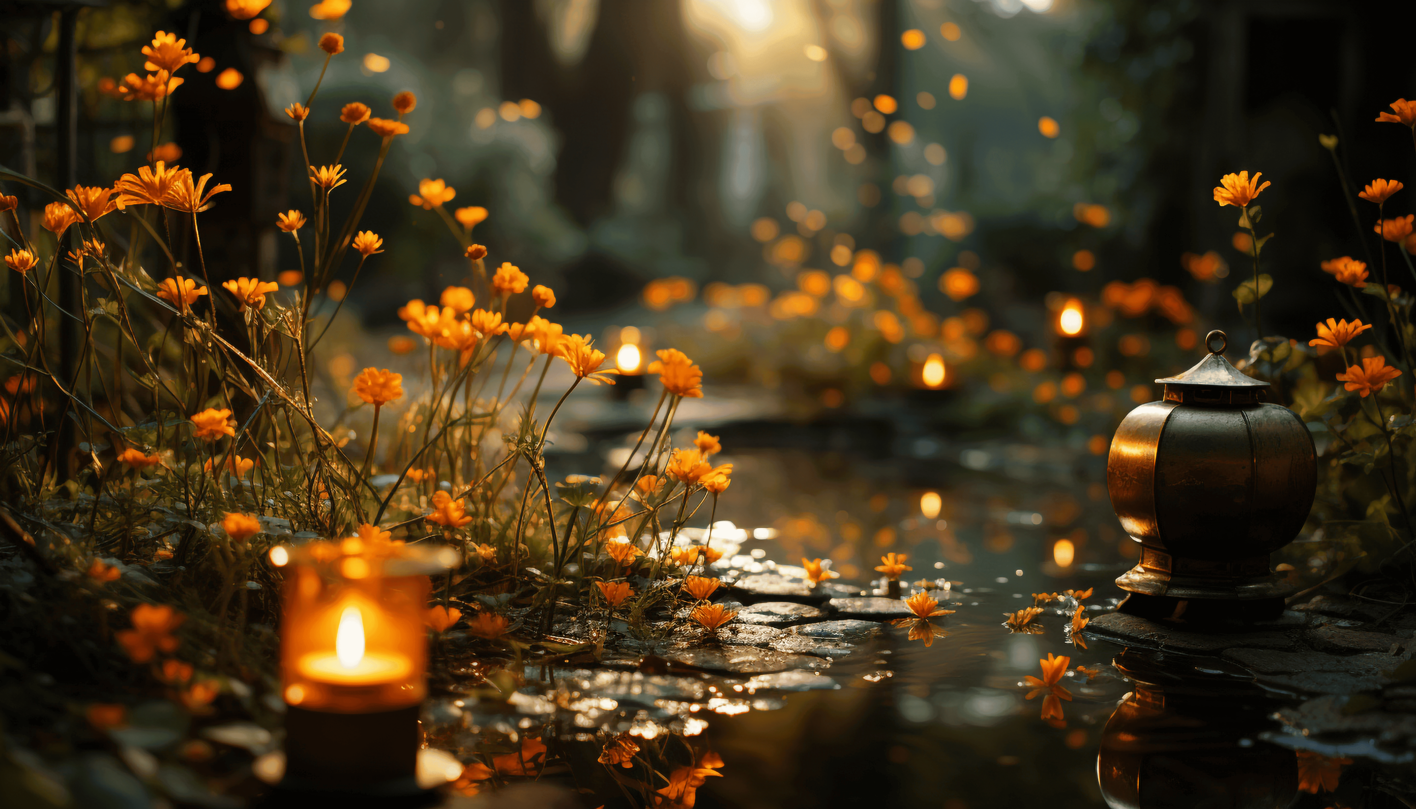 Flores y velas sobre el agua